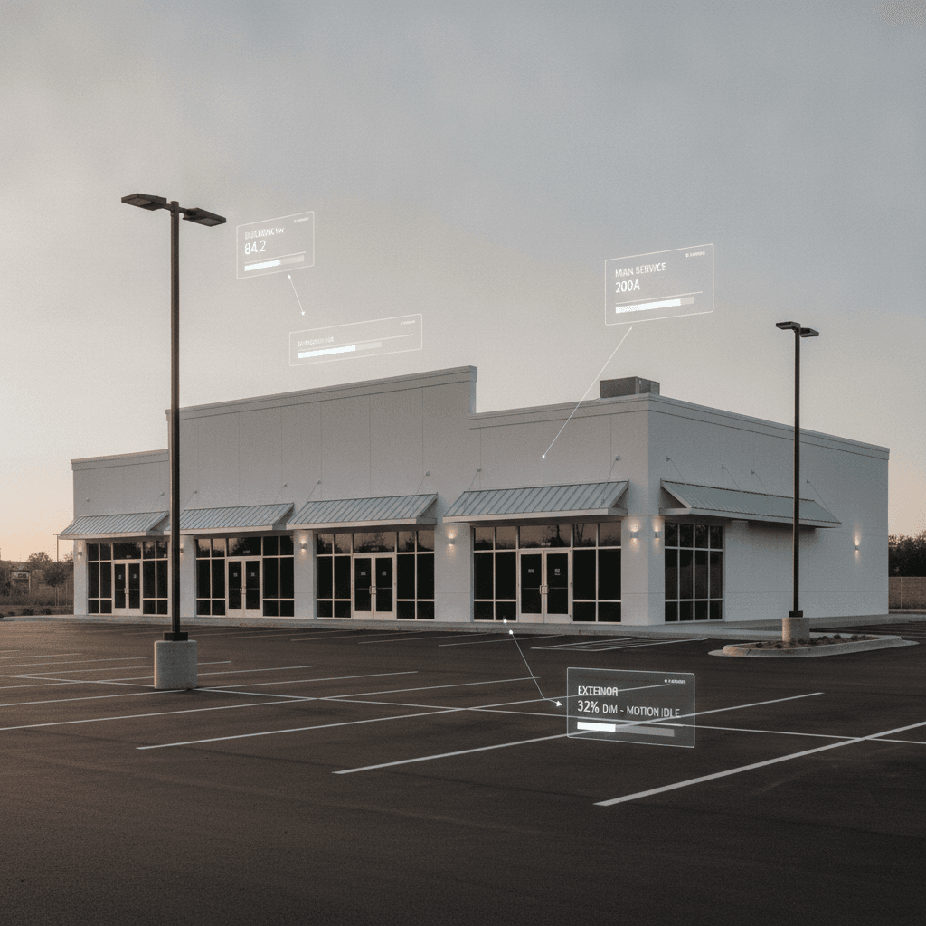 Retail commercial building at dusk with energy monitoring data overlaid on the roofline and electrical service