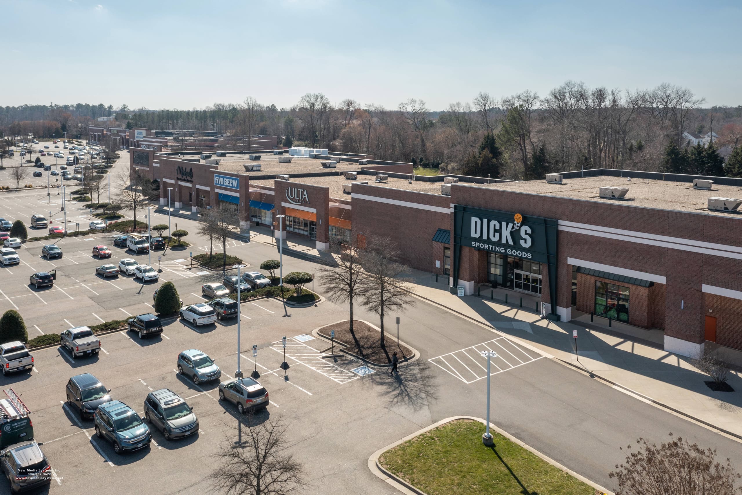 Aerial view of Creeks at Virginia Centre shopping center and parking field