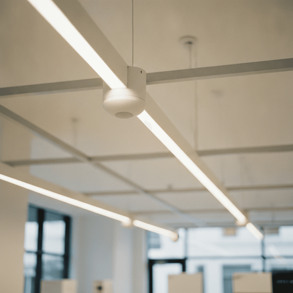 Wireless control sensor mounted on a linear LED ceiling fixture inside a commercial retail space