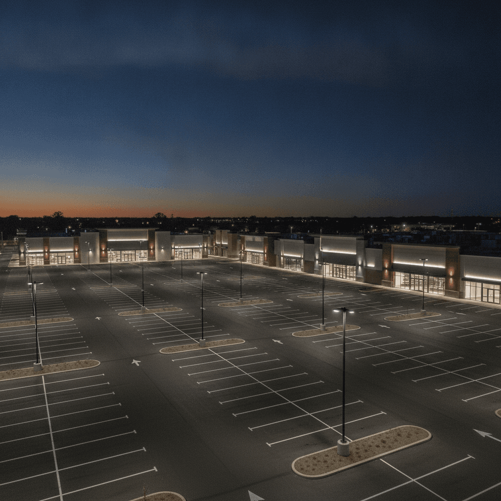 A retail center lit at night, photographed from the air.