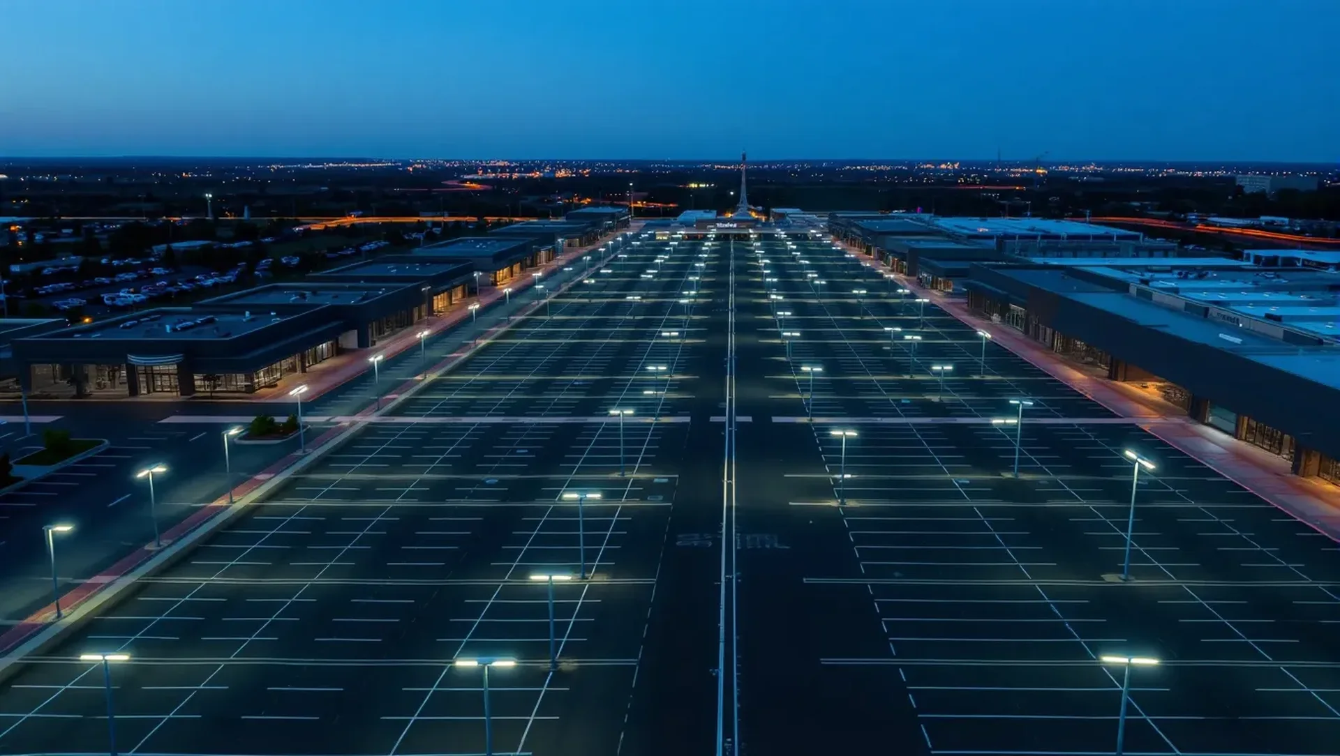 Commercial retail center parking field illuminated uniformly by LED lighting at dusk