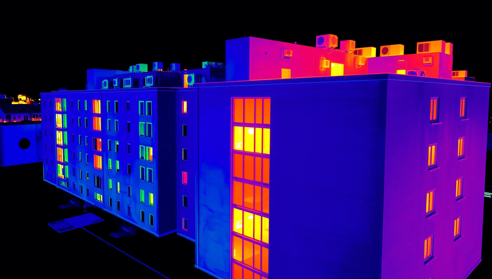 Thermal imaging view of a commercial building complex showing heat patterns