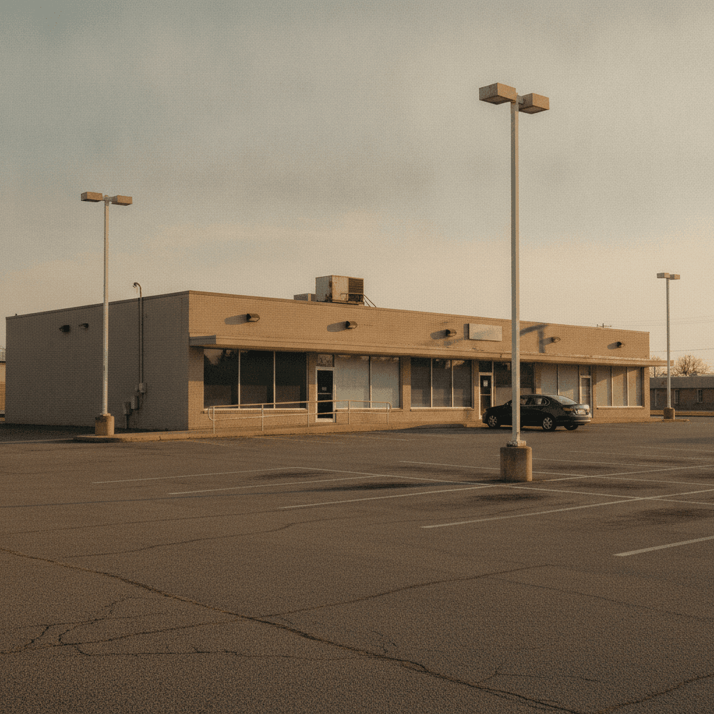 Older commercial retail strip center at golden hour with visible deferred maintenance — the kind of property assessed before purchase