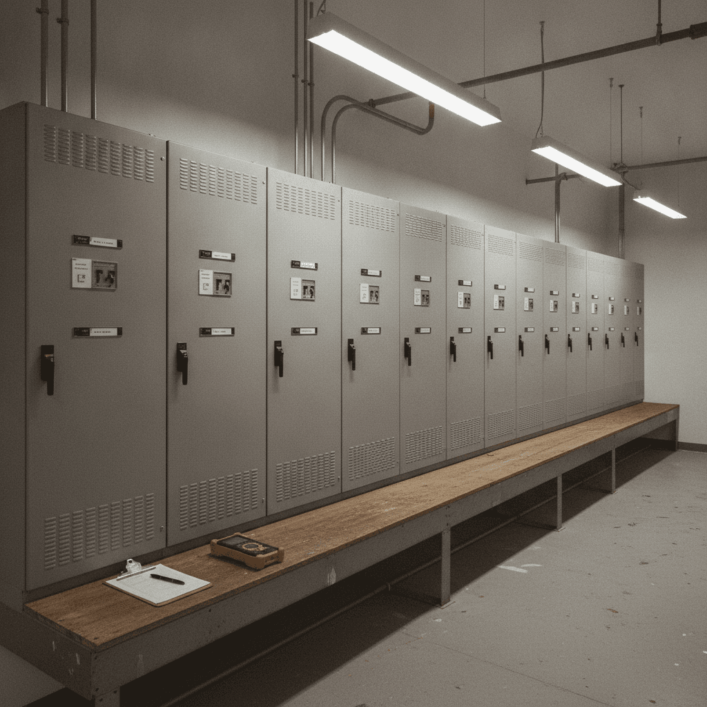 Interior commercial electrical service room with a labeled panel wall and a clipboard on a workbench — where capital planning decisions are made