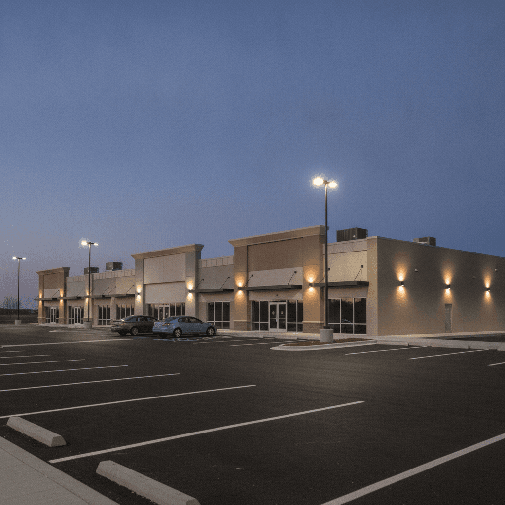 Well-maintained modern commercial retail plaza at blue hour with uniformly lit fixtures and clean parking — an asset in prime condition ready to list
