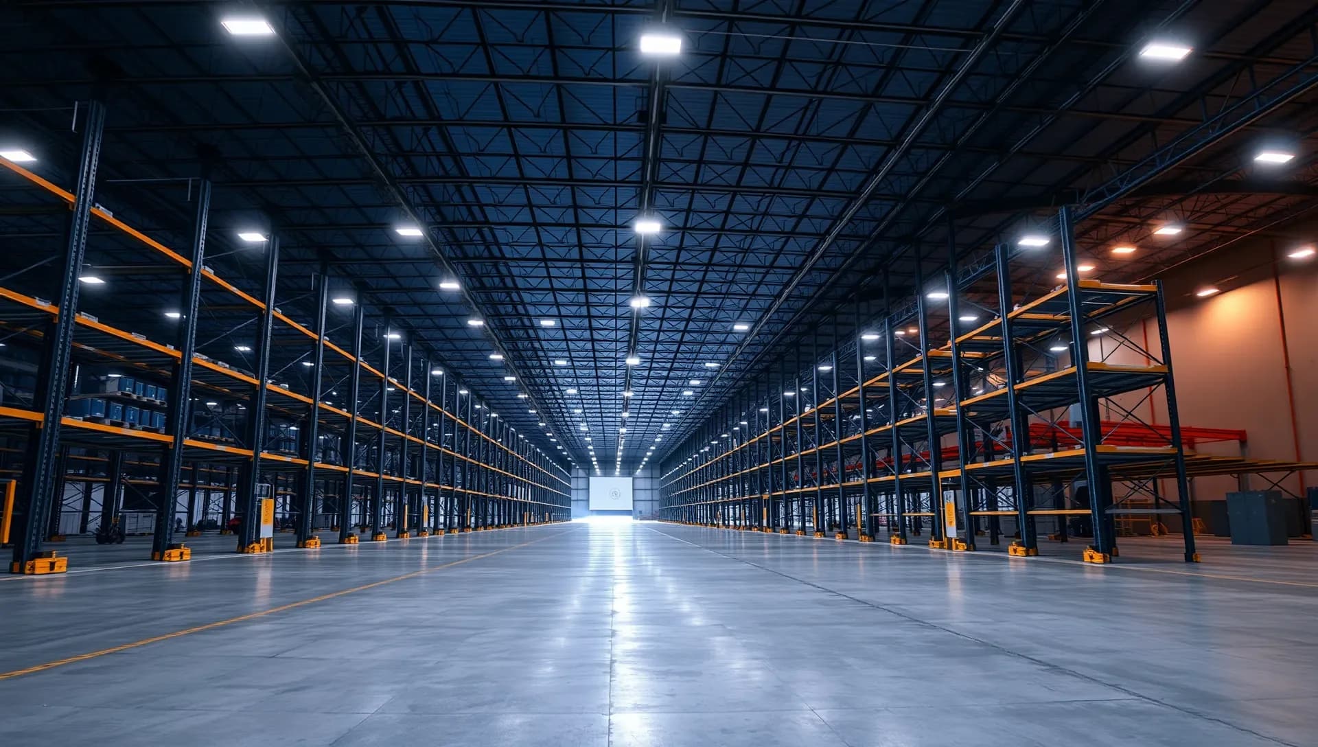 A long warehouse aisle lit end to end by LED high bays